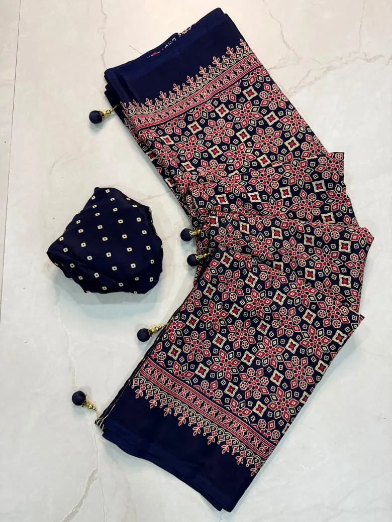 Tew Pure Creap Gajji Silk Ajrakh Printed Saree